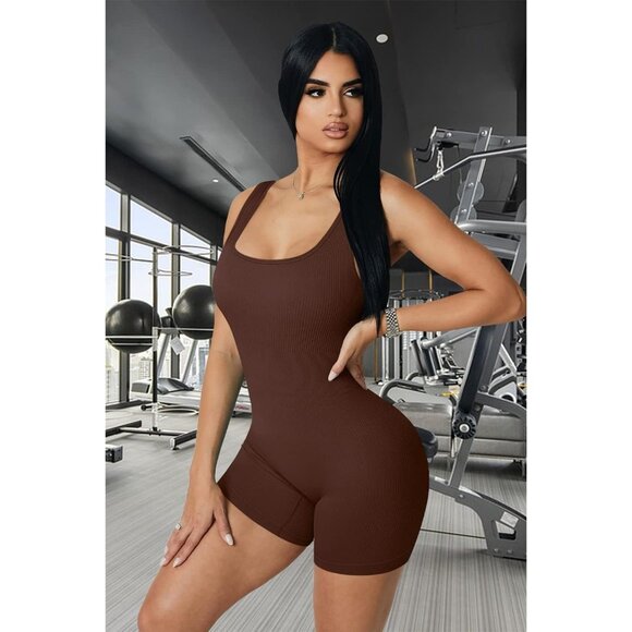 🆕 Women Brown Workout Unitard Bodysuit Seamless Yoga Ribbed Active Romper Sexy - Picture 4 of 7